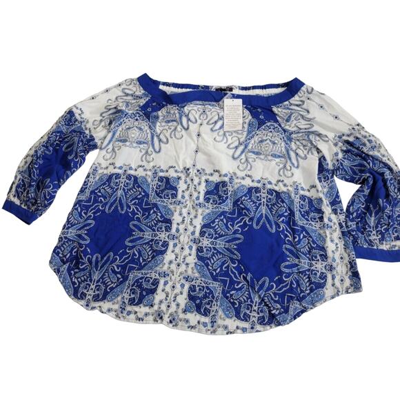 NWT Roaman's Blue Paisley Print Long Sleeve Peasant Casual Top Off Shoulder 20W - Picture 1 of 10